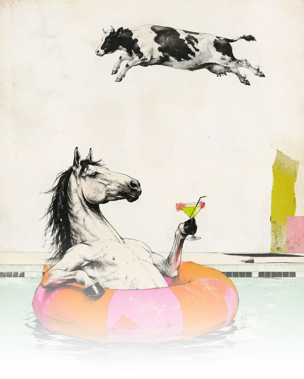 Illustration: ein Pferd mit Cocktail im Schwimmreifen — Präsenz ohne Anstrengung