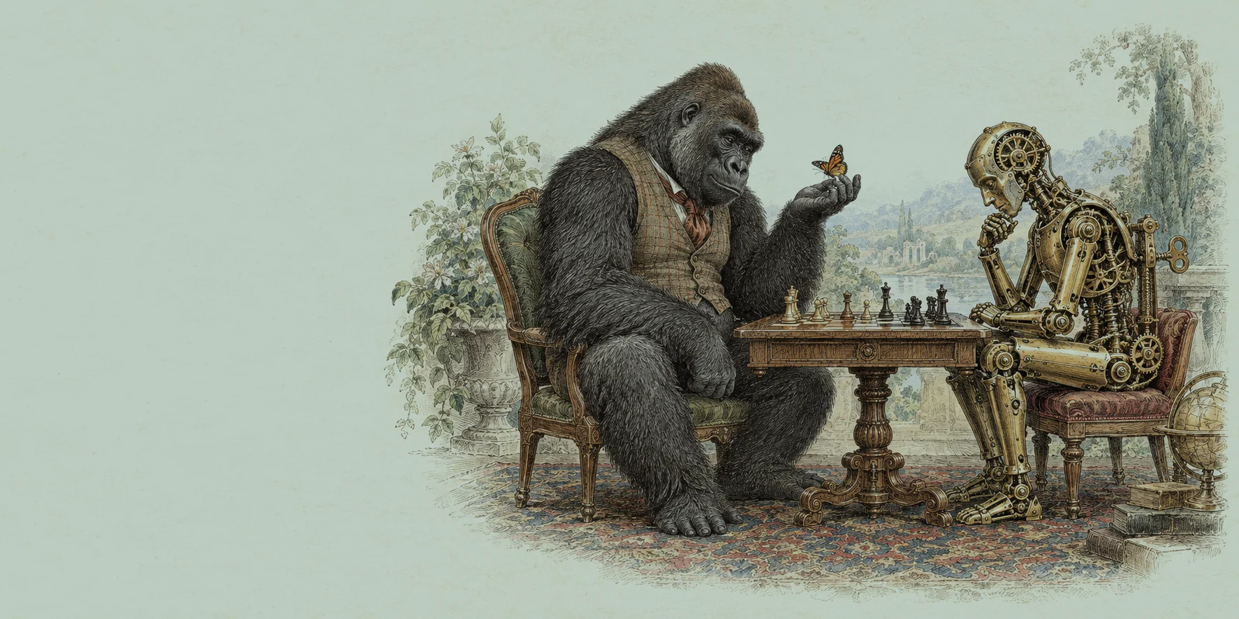 Illustration: Ein Gorilla am Schachbrett gegenüber einem Messing-Automaten – er schaut nicht aufs Brett, sondern auf einen Schmetterling in seiner Hand